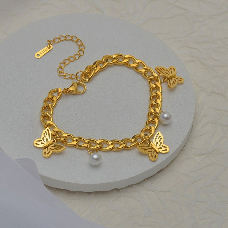 EELIN Butterfly Pearl Chain Bracelet • Gold Jewelry • Minimalist Delicate Bracelet • Birthday Anniversary Mother Daughter Gift For Her