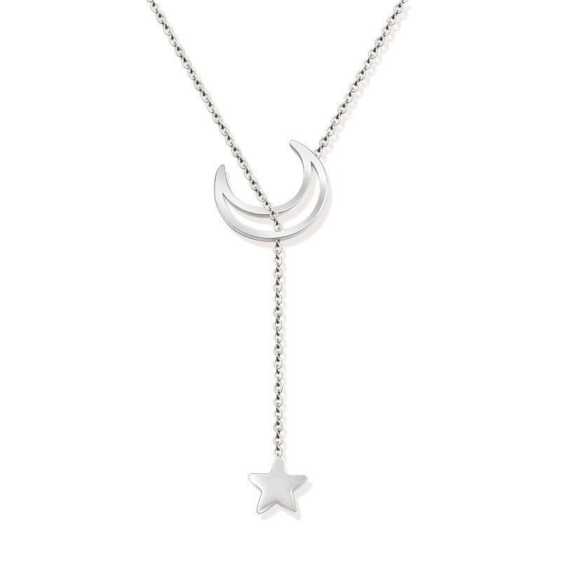 TERHI Moon and Star Lariat Necklace, Rose Gold Silver Celestial Charm, Dainty Layered Jewelry, Vintage Unique Designer, Wedding Gift For Her