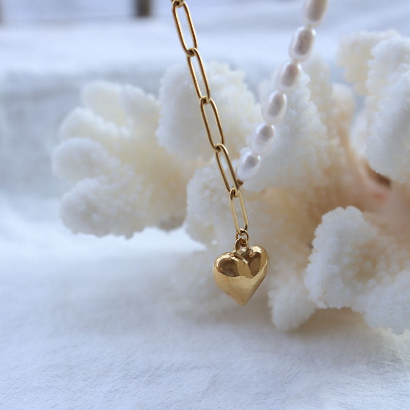 TERTTU Half Freshwater Pearl Heart Necklace, Gold Paperclip Choker, Dainty Layered Jewelry, Vintage Unique Designer, Wedding Gift For Her