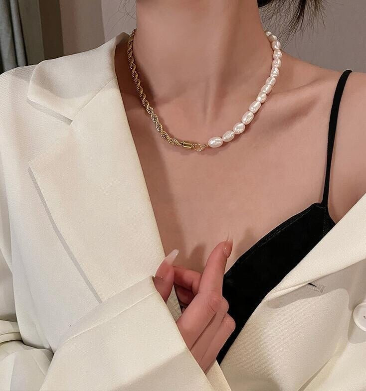 AULIKKI Half Freshwater Pearl Dangle Necklace, Gold Rope Chain Choker, Dainty Layered Jewelry, Vintage Unique Designer, Wedding Gift For Her