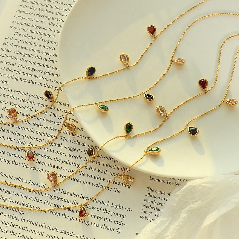 CECILIA Rainbow Crystal Teardrop Statement Necklace, Gold Silver Diamond Choker, Vintage Dainty Layered Jewelry, Unique Wedding Gift For Her