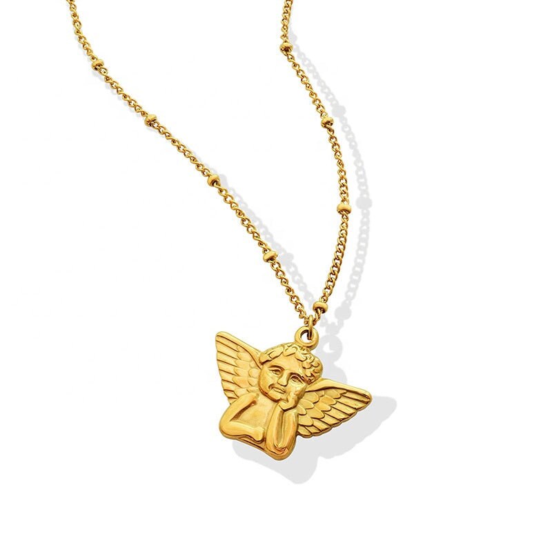 CAMILLA Guardian Child Angel Wings Necklace, Gold Cherub Pendant Choker, Dainty Layered Jewelry, Vintage Unique Design, Wedding Gift For Her