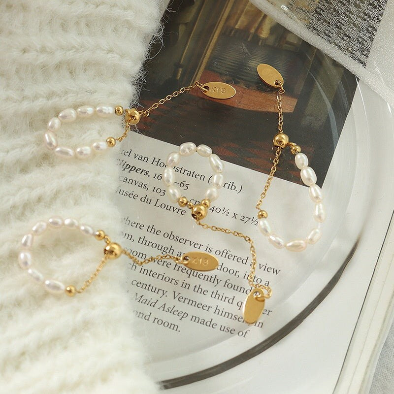 EMMI Freshwater Pearl Bead Ring, Stackable Ringlet, Layered Midi Band Decor, Gold Baroque Seed Jewelry, Promise Gift for Her, Unique Details