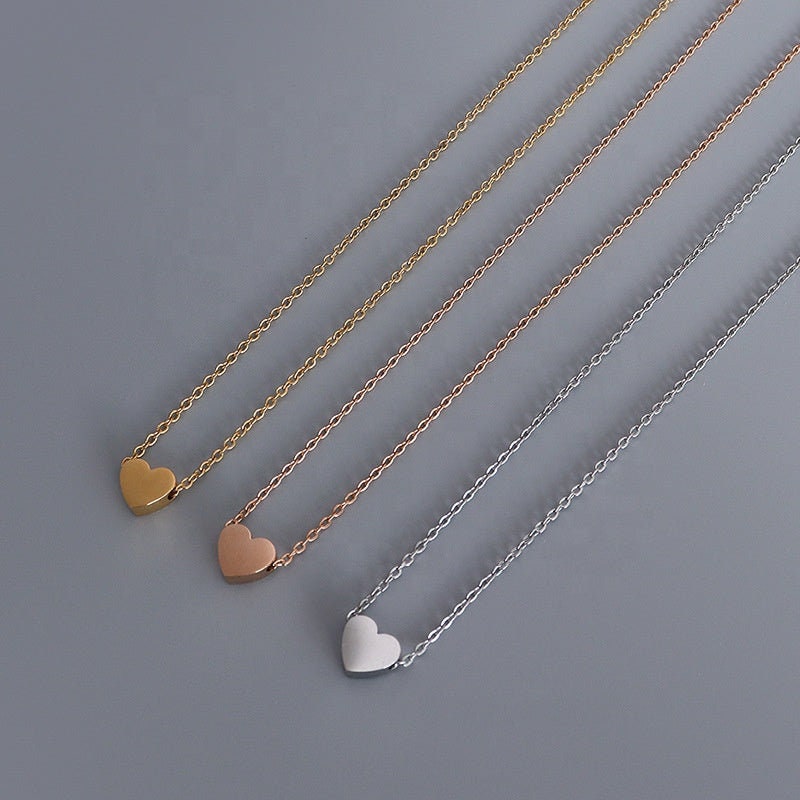 BRITA Tiny Heart Charm Necklace, Rose Gold Silver, Simple Plain Chain Choker, Dainty Layered Jewelry, Unique Designer, Wedding Gift For Her