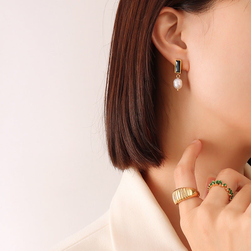 LEPPA Opal Freshwater Pearl Stud Earrings ∙ Gold Emerald Baguette Drop Earring ∙ Huggie Gemstone Jewelry ∙ Bridesmaid Wedding Gift For Her