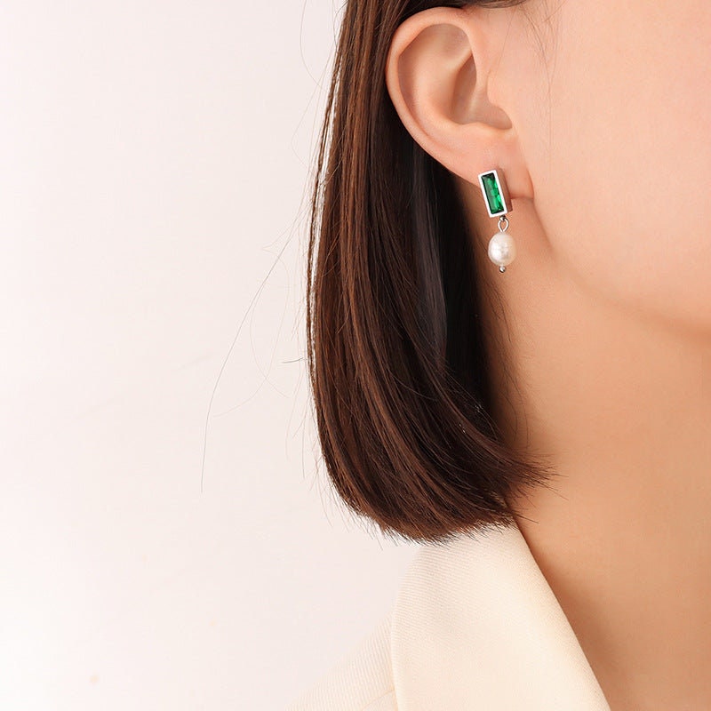 LEPPA Opal Freshwater Pearl Stud Earrings ∙ Gold Emerald Baguette Drop Earring ∙ Huggie Gemstone Jewelry ∙ Bridesmaid Wedding Gift For Her