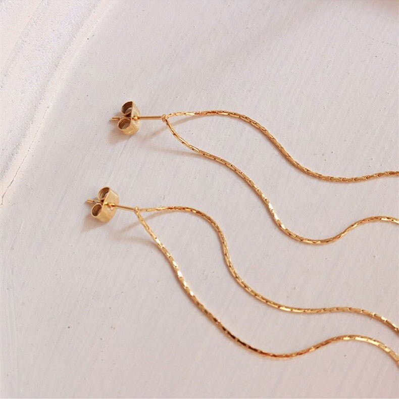 Merja Chain Threader Earrings, Extra Long Chain, Gold Dangle Jewelry, Vintage Huggie, Korean Designer, Kawaii Gift for Her, Unique Details
