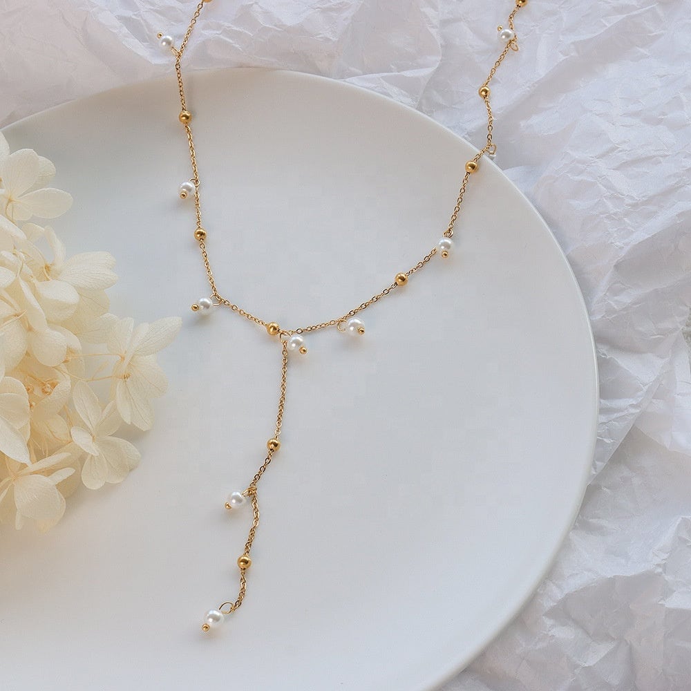 TAINA Pearl Bead Lariat Necklace, Gold Bride Chain Choker, Dainty Layered Jewelry, Vintage Unique Designer, Bridesmaid Wedding Gift For Her