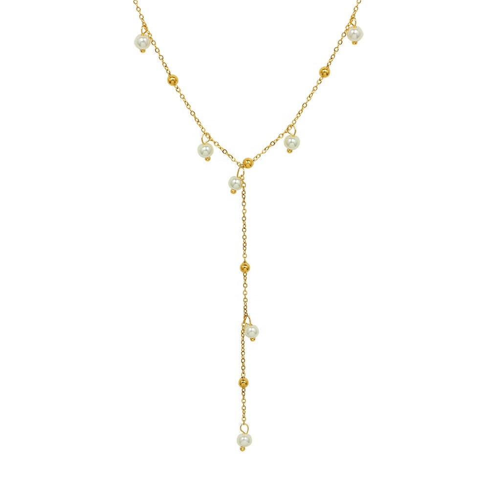 TAINA Pearl Bead Lariat Necklace, Gold Bride Chain Choker, Dainty Layered Jewelry, Vintage Unique Designer, Bridesmaid Wedding Gift For Her