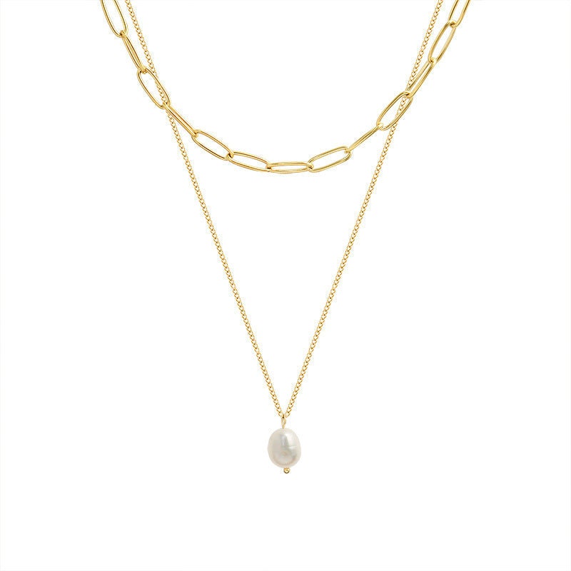 TIIA Freshwater Pearl Double Layered Paperclip Chain Necklace, Gold Natural Choker, Dainty Jewelry, Vintage Unique Wedding Gift For Her