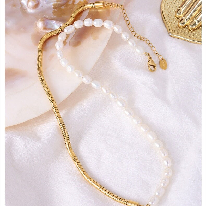 ANNI Half Freshwater Pearl Necklace, Gold Natural Snake Chain Choker, Dainty Layered Jewelry, Vintage Unique Designer, Wedding Gift For Her