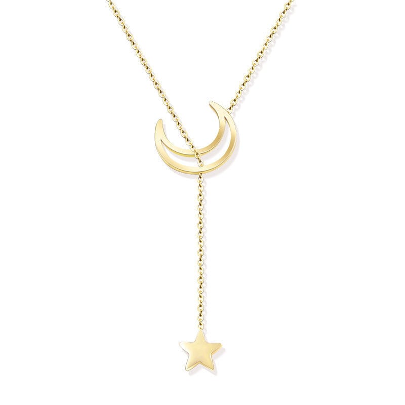 TERHI Moon and Star Lariat Necklace, Rose Gold Silver Celestial Charm, Dainty Layered Jewelry, Vintage Unique Designer, Wedding Gift For Her