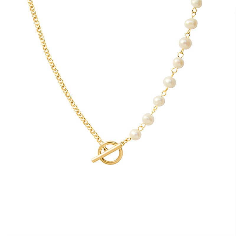 TETTA Freshwater Pearl Half Curb Chain Toggle Necklace, Gold Dainty Layered Everyday Jewelry, Vintage Unique Designer, Wedding Gift For Her