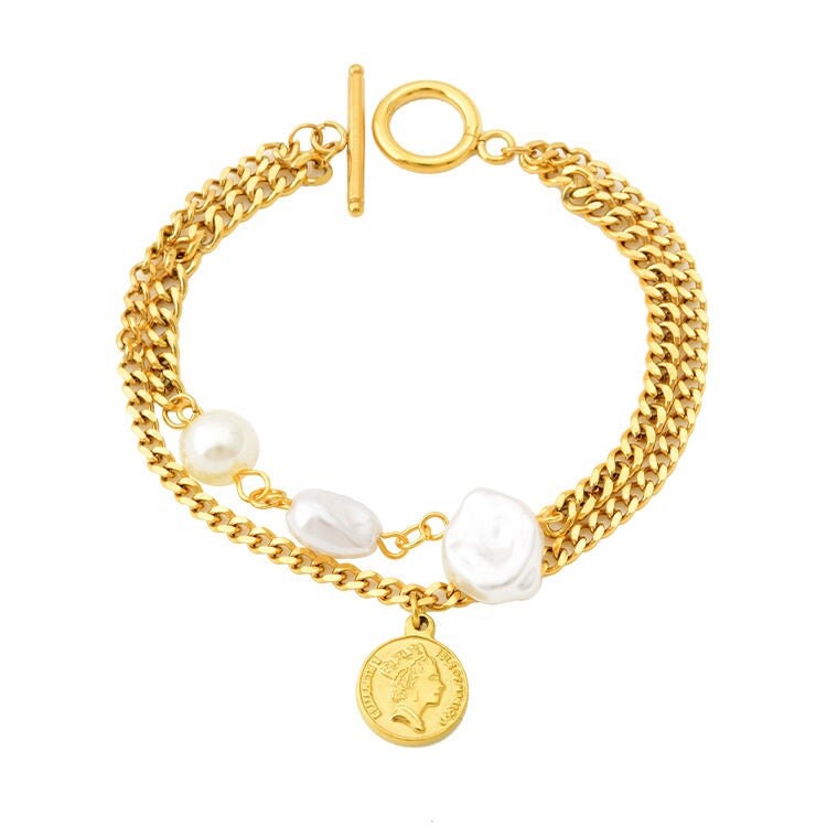 ERVA Pearl Coin Charm Bracelet ∙Double Curb Chain Bracelet ∙ Gold Coin Jewelry ∙ Summer Jewelry ∙ Minimalist Jewelry