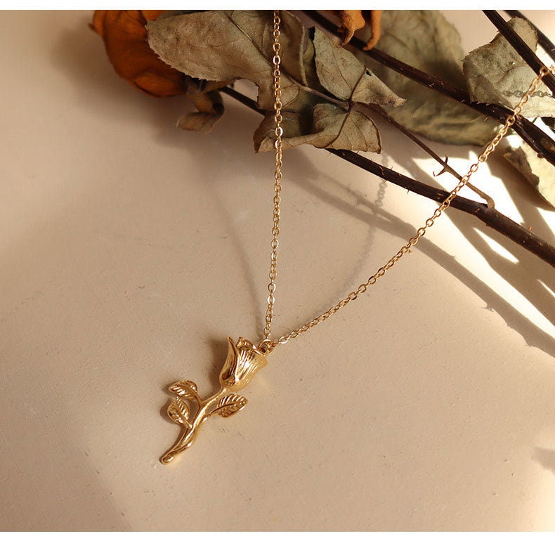HELKA Gold Rose Necklace, Beauty And The Beast Disney Charm, Dainty Layered Jewelry, Vintage Pendant, Unique Designer, Wedding Gift For Her