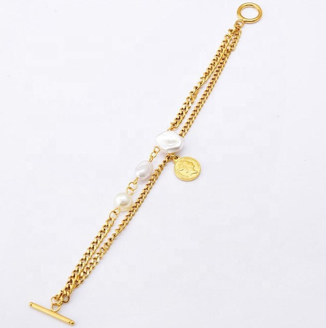 ERVA Pearl Coin Charm Bracelet ∙Double Curb Chain Bracelet ∙ Gold Coin Jewelry ∙ Summer Jewelry ∙ Minimalist Jewelry