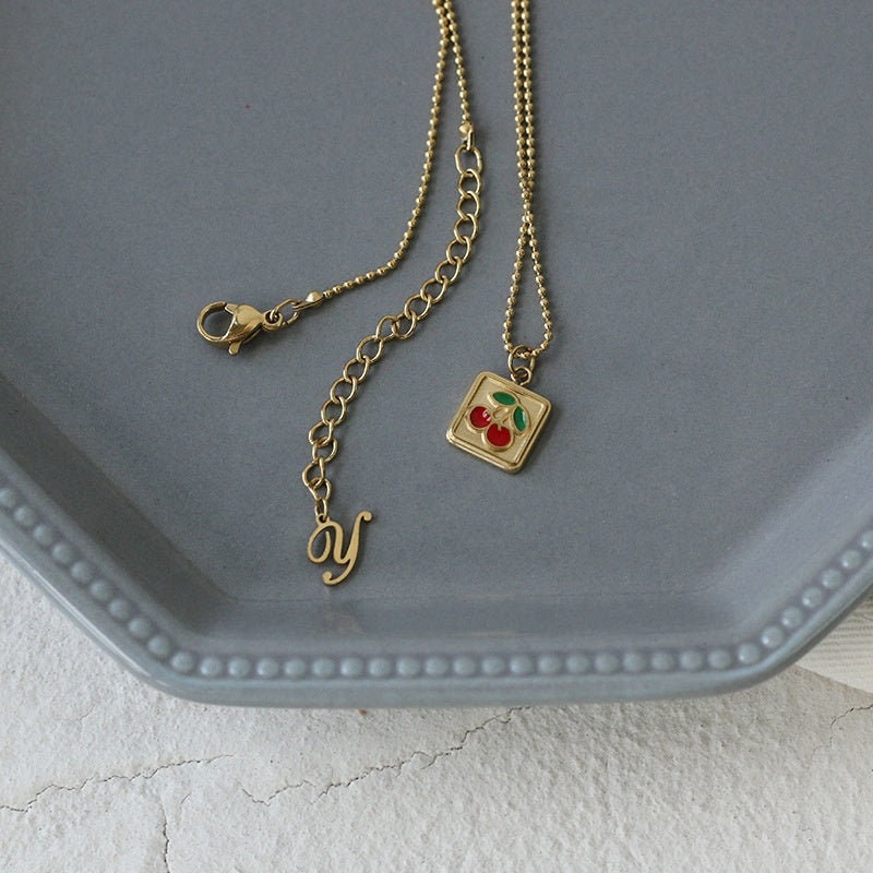 SENJA Cherry Y2K Charm Necklace, Gold Fruit Pendant, Teen Bead Chain, Dainty Layered Jewelry, Kawaii Unique Designer, Wedding Gift For Her