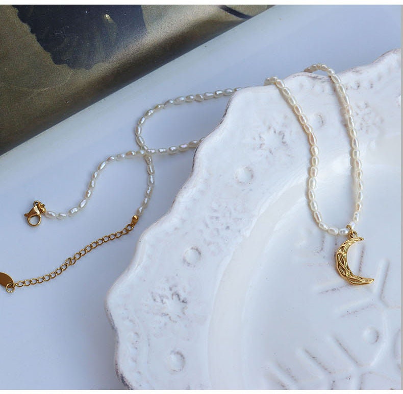 TUULA Freshwater Pearl Moon Necklace, Gold Celestial Charm Choker, Dainty Layered Jewelry, Vintage Unique Designer, Wedding Gift For Her