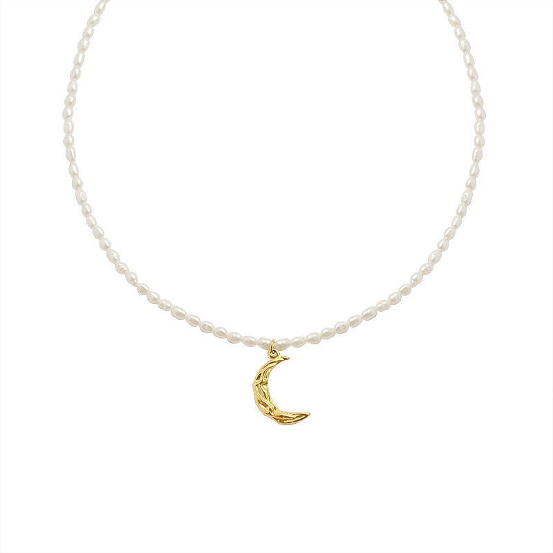 TUULA Freshwater Pearl Moon Necklace, Gold Celestial Charm Choker, Dainty Layered Jewelry, Vintage Unique Designer, Wedding Gift For Her