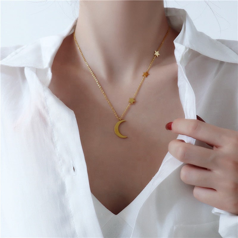 ANNIKA Moon And Star Choker Necklace Set, Gold Crescent Celestial Set, Dainty Layered Jewelry, Vintage Unique Designer, Wedding Gift For Her