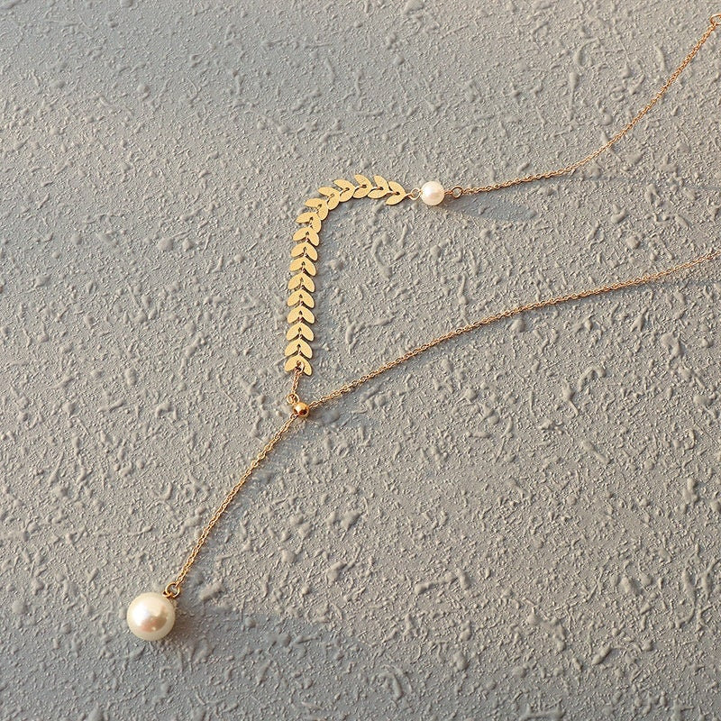TELLERVO Pearl Lariat Necklace, Rose Gold Silver Leaf Chain, Dainty Layered Jewelry, Unique Designer, Vintage Pendant, Wedding Gift For Her