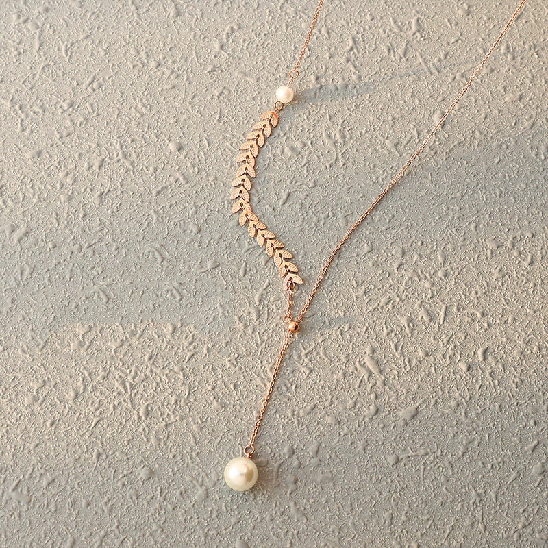 TELLERVO Pearl Lariat Necklace, Rose Gold Silver Leaf Chain, Dainty Layered Jewelry, Unique Designer, Vintage Pendant, Wedding Gift For Her