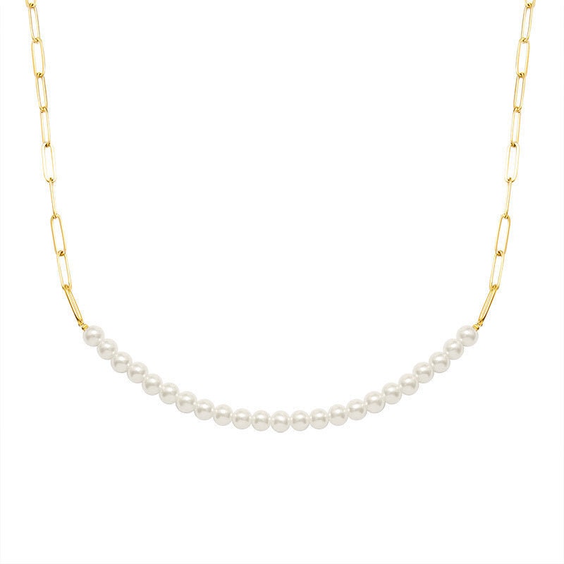 TUULE Half Pearl Paperclip Chain Necklace Bracelet Set, Gold Smile Dainty Layered Jewelry, Vintage Unique Designer, Wedding Gift For Her
