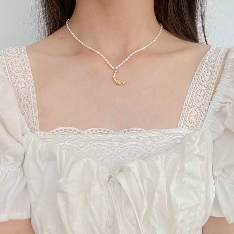 TUULA Freshwater Pearl Moon Necklace, Gold Celestial Charm Choker, Dainty Layered Jewelry, Vintage Unique Designer, Wedding Gift For Her