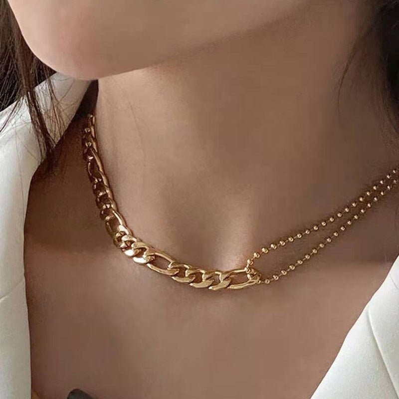 ISLA Half Bead Figaro Chain Necklace, Gold Plain Simple Unisex Choker, Dainty Layered Jewelry, Vintage Unique Design, Wedding Gift For Her
