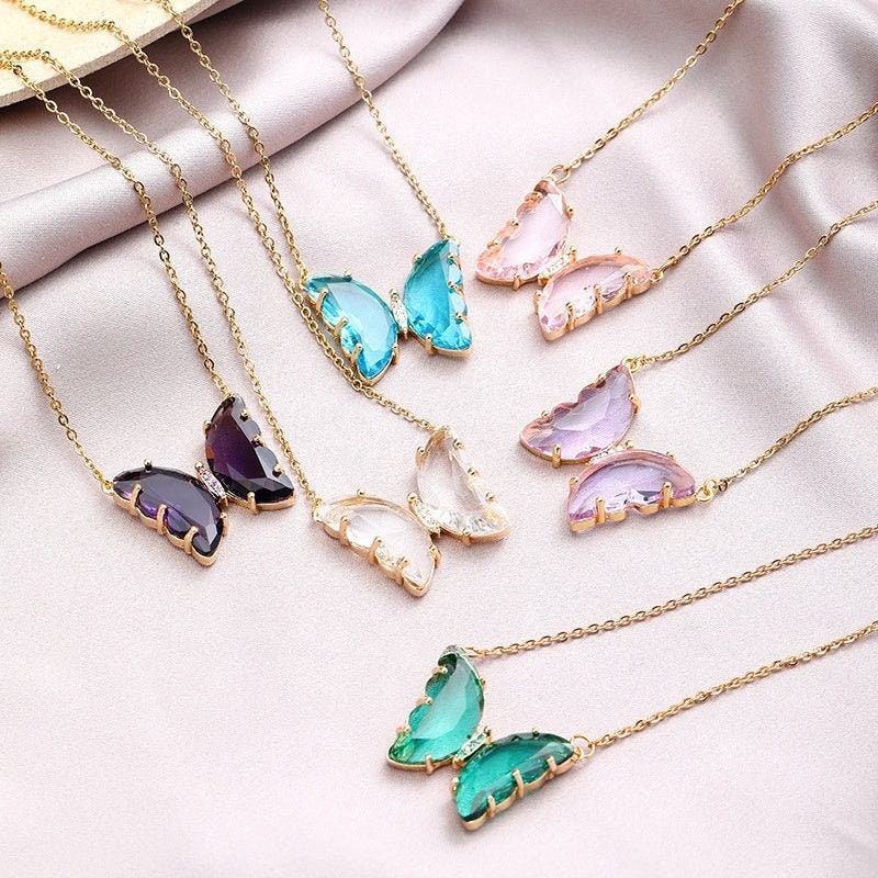 Women's Vintage Two Tone Gold Butterfly outlet Colorful Jewelry Necklace