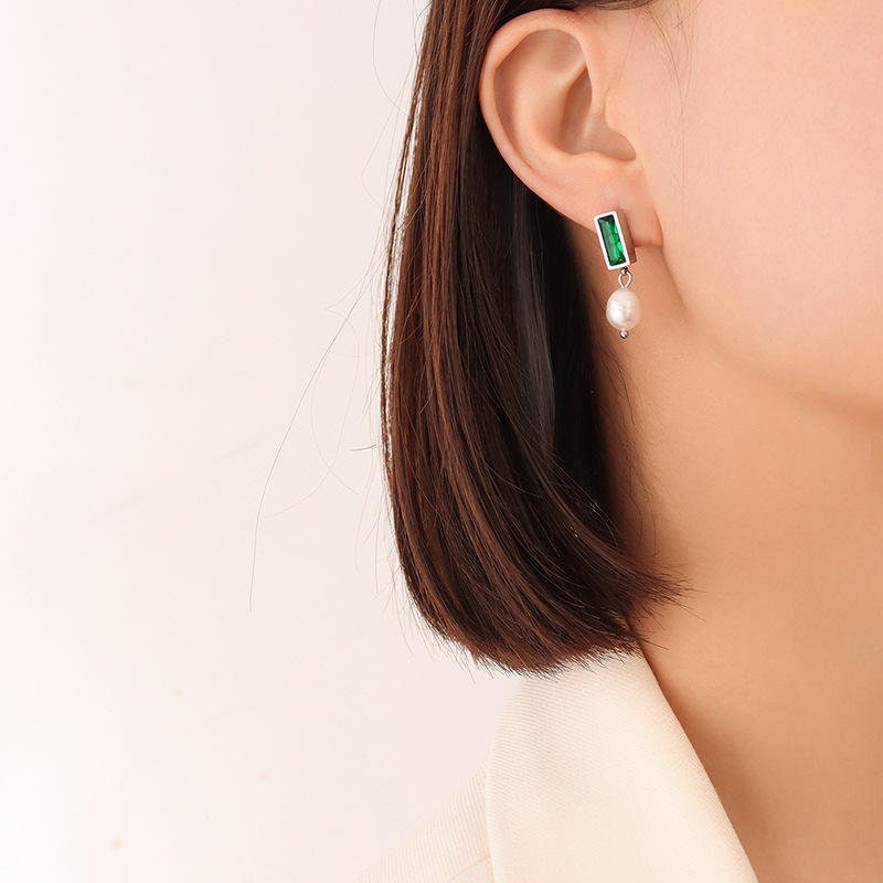 LEPPA Opal Freshwater Pearl Stud Earrings ∙ Gold Emerald Baguette Drop Earring ∙ Huggie Gemstone Jewelry ∙ Bridesmaid Wedding Gift For Her
