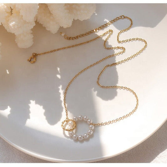 KAIJA Pearl Infinity Open Circle Necklace, Gold Interlocking Chain, Dainty Layered Jewelry, Vintage Unique Designer, Wedding Gift For Her