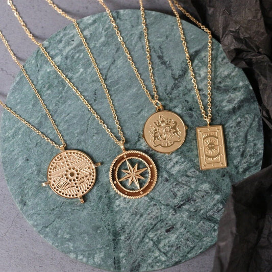 NOORA North Star Coin Medallion Necklace, Gold Celestial Charm Pendant, Unisex Dainty Layered Jewelry, Vintage Unique Wedding Gift For Her