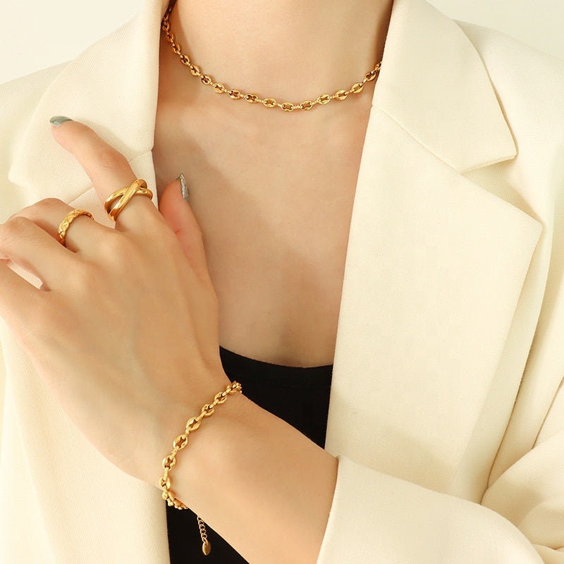 ELINA Link Chain Necklace Bracelet Set, Gold Silver Simple Choker, Dainty Layered Jewelry, Vintage Unique Designer, Wedding Gift For Her