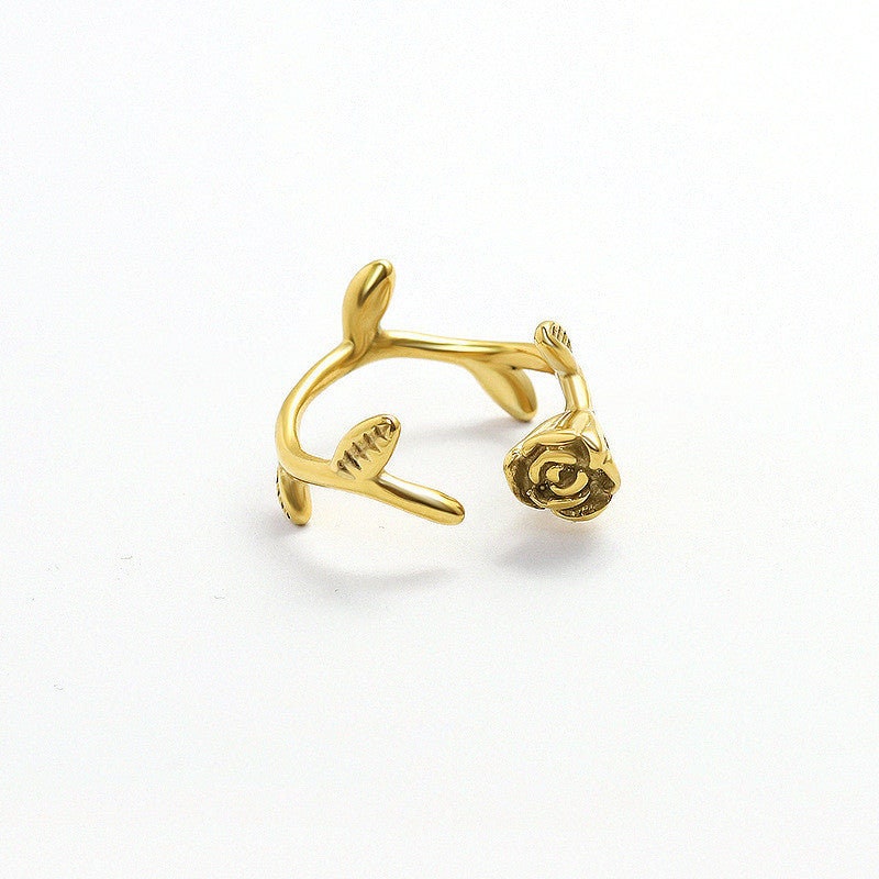 ELSA Rose Flower Vine Ring, Stackable Ringlet, Open Thin Band, Layered Midi Decor, Gold Designer Jewelry, Promise Unique Detail Gift for Her