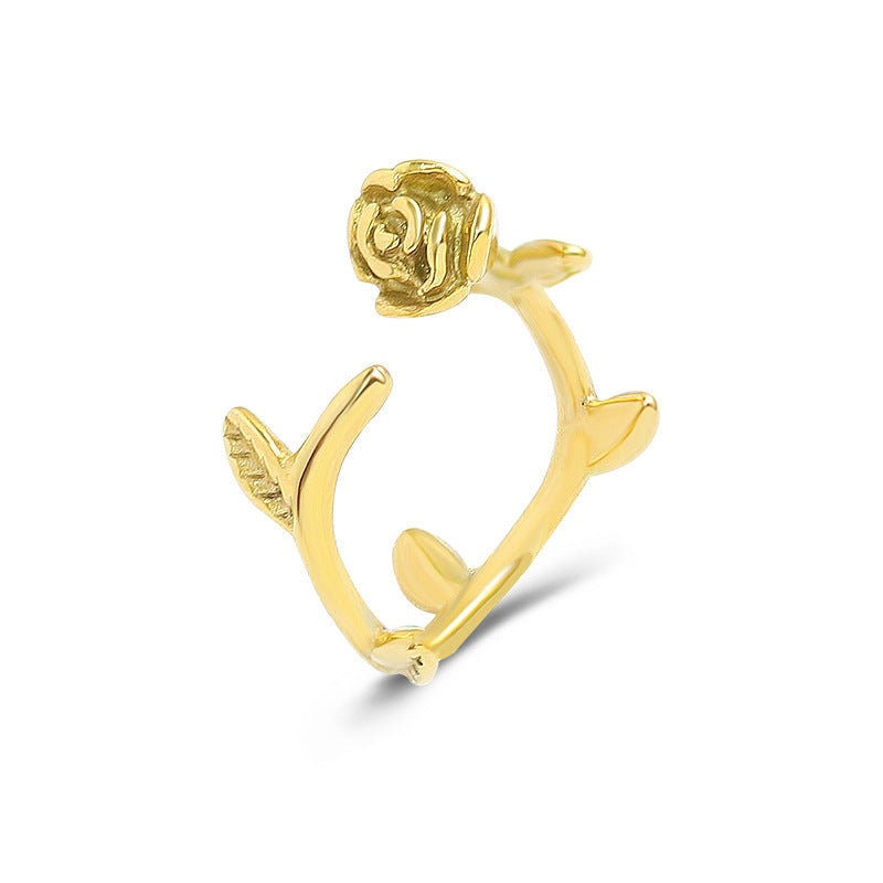 ELSA Rose Flower Vine Ring, Stackable Ringlet, Open Thin Band, Layered Midi Decor, Gold Designer Jewelry, Promise Unique Detail Gift for Her