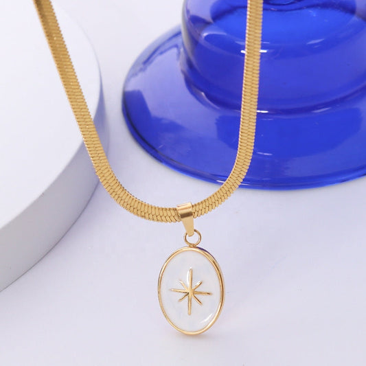 TAIKA North Star Herringbone Necklace, Gold White Enamel Oval Charm , Dainty Layered Jewelry, Unique Designer, Vintage Pendant, Gift For Her