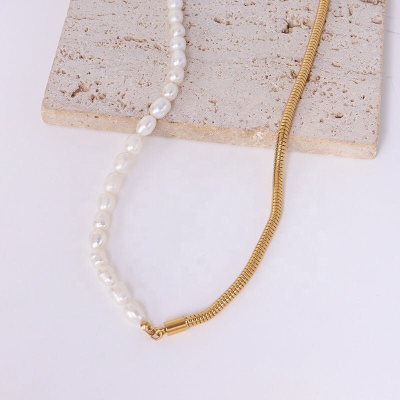 ANNI Half Freshwater Pearl Necklace, Gold Natural Snake Chain Choker, Dainty Layered Jewelry, Vintage Unique Designer, Wedding Gift For Her