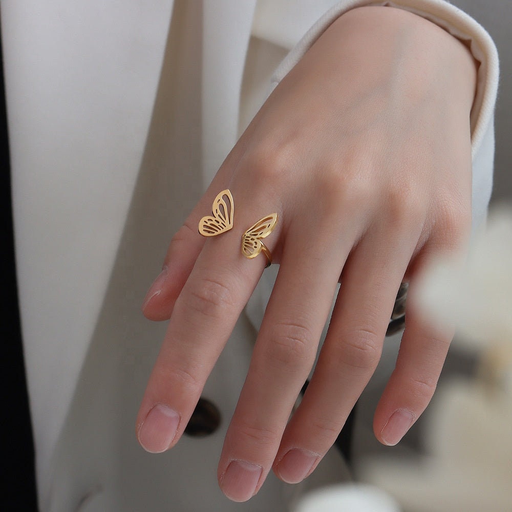 EMILIA Butterfly Ring, Stackable Ringlet, Open Band Thin Ring, Layered Midi Unique Detail Decor, Gold Designer Jewelry, Promise Gift for Her