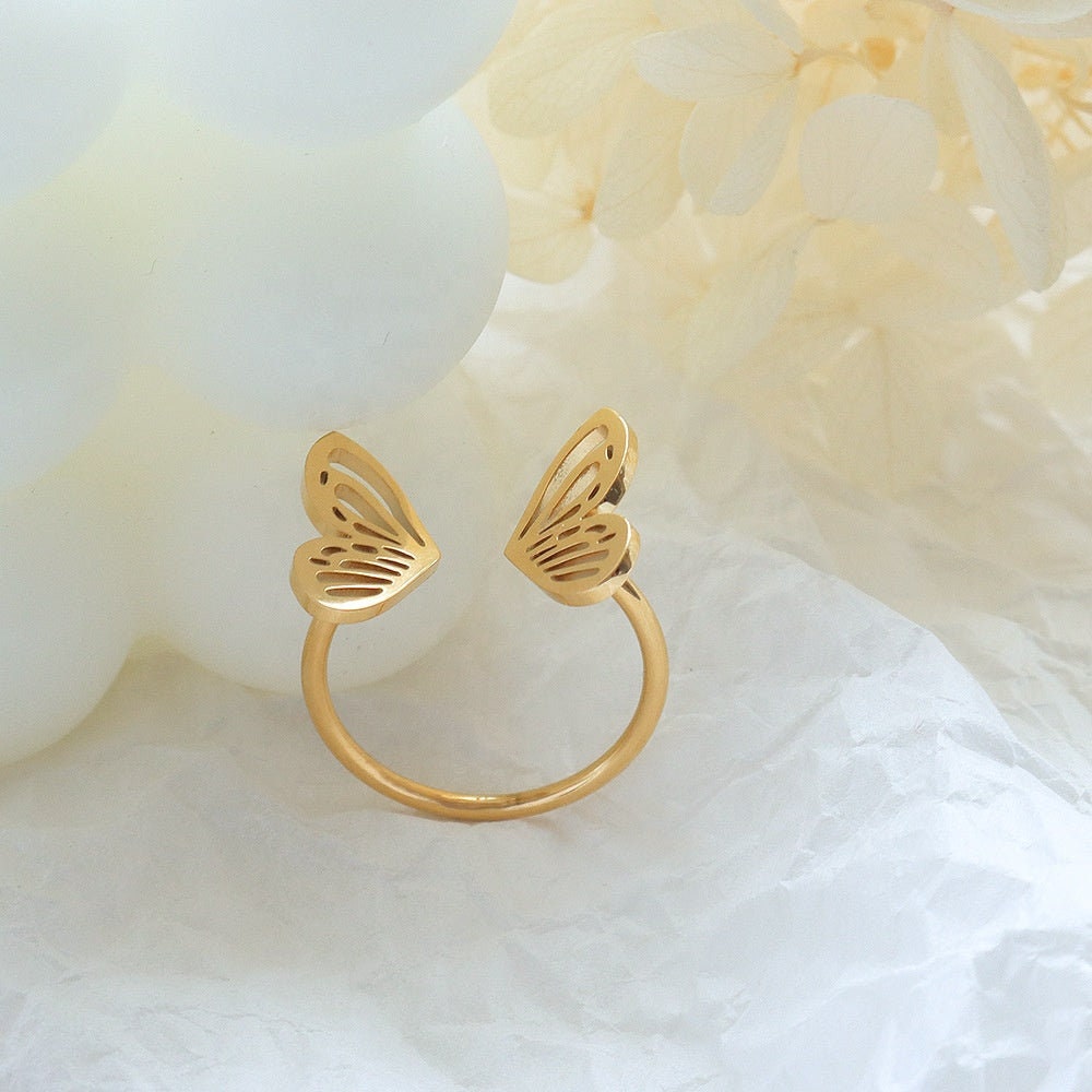 EMILIA Butterfly Ring, Stackable Ringlet, Open Band Thin Ring, Layered Midi Unique Detail Decor, Gold Designer Jewelry, Promise Gift for Her