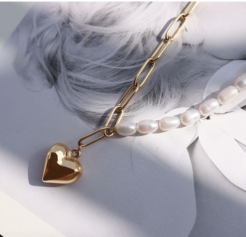 TERTTU Half Freshwater Pearl Heart Necklace, Gold Paperclip Choker, Dainty Layered Jewelry, Vintage Unique Designer, Wedding Gift For Her