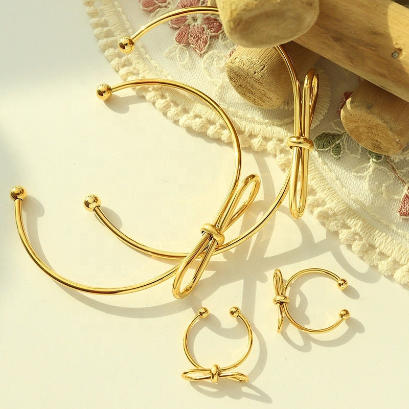 JAKKI Kawaii Bow Ring ∙ Gold Tie The Knot Bracelet ∙ Simple Thin Jewelry ∙ Wedding Bridesmaid Gift For Her Girl Kid Mother Daughter