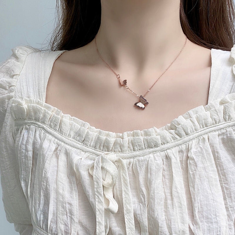 EMESE Double Butterfly Necklace, Rose Gold Silver Simple Charm Choker, Dainty Layered Jewelry, Vintage Unique Designer, Wedding Gift For Her