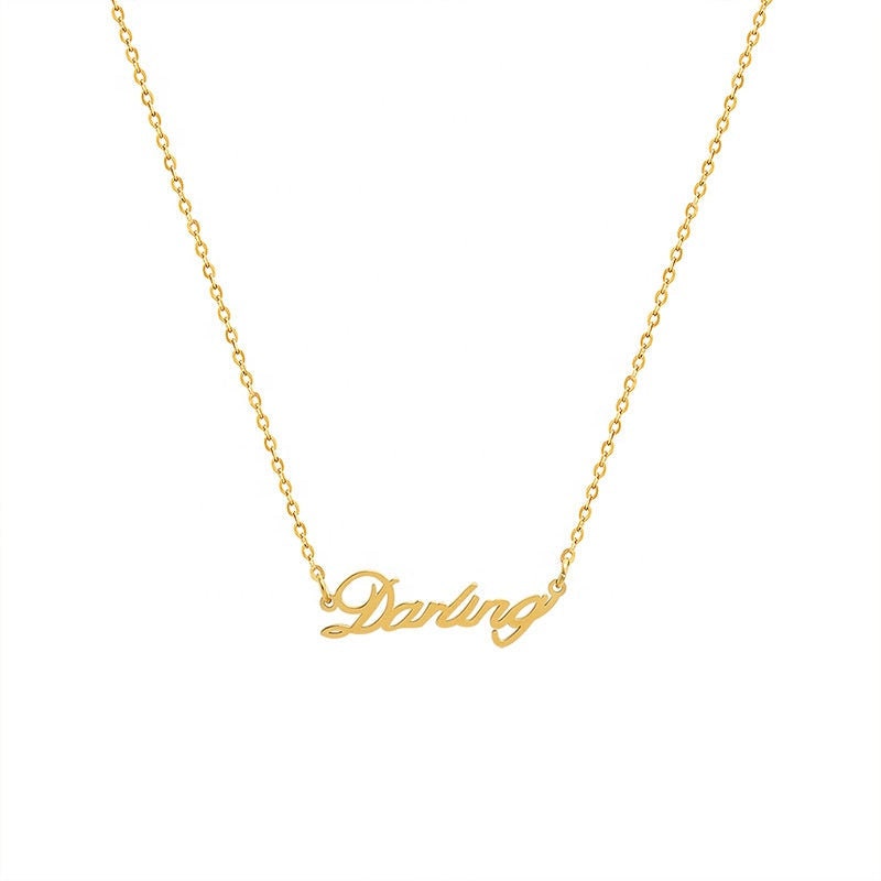 DARLING Script Tag Charm Necklace, Gold Couple Simple Unisex Choker, Y2K Dainty Layered Jewelry, Vintage Unique Design, Wedding Gift For Her