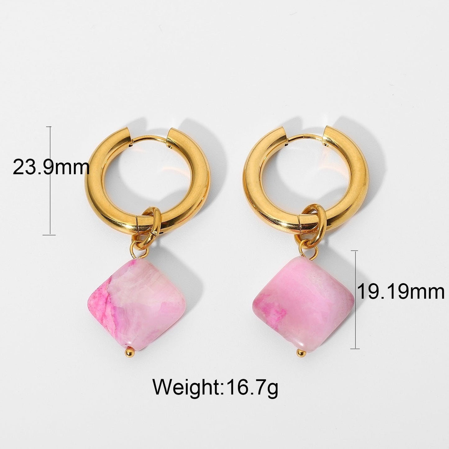 MAARIA Natural Rose Quartz Hoop Earrings, Pink Stone Crystal Drop, Gold Dangle Jewelry, Korean Huggie, Kawaii Gift for Her, Unique Detail