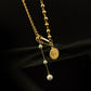 ERIKA Pearl Safety Pin Lariat Necklace, Queen Elizabeth Coin Bead, Dainty Layered Jewelry, Vintage Unique Designer, Wedding Gift For Her