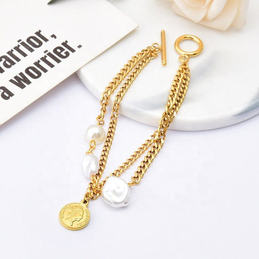 ERVA Pearl Coin Charm Bracelet ∙Double Curb Chain Bracelet ∙ Gold Coin Jewelry ∙  Summer Jewelry ∙ Minimalist Jewelry