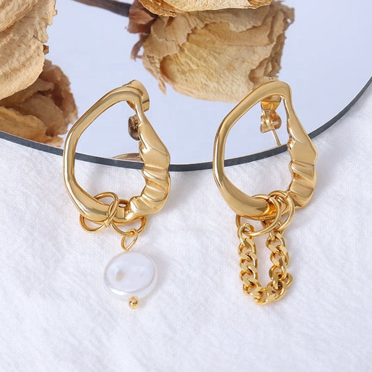 RAAKEL Pearl Baroque Hoop Earrings, Unique Geometric Drop, Gold Dangle Jewelry, Vintage Huggie Decor, Korean Designer Kawaii Gift for Her