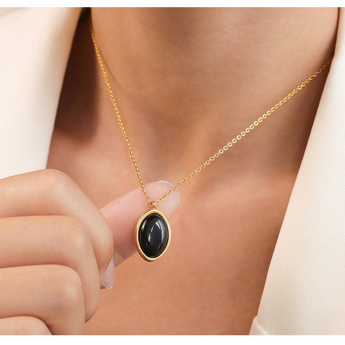 LOKI Cat Eye Opal Pendant Necklace, Gold Black White Oval Choker, Dainty Layered Jewelry, Vintage Unique Designer, Wedding Gift For Her Him