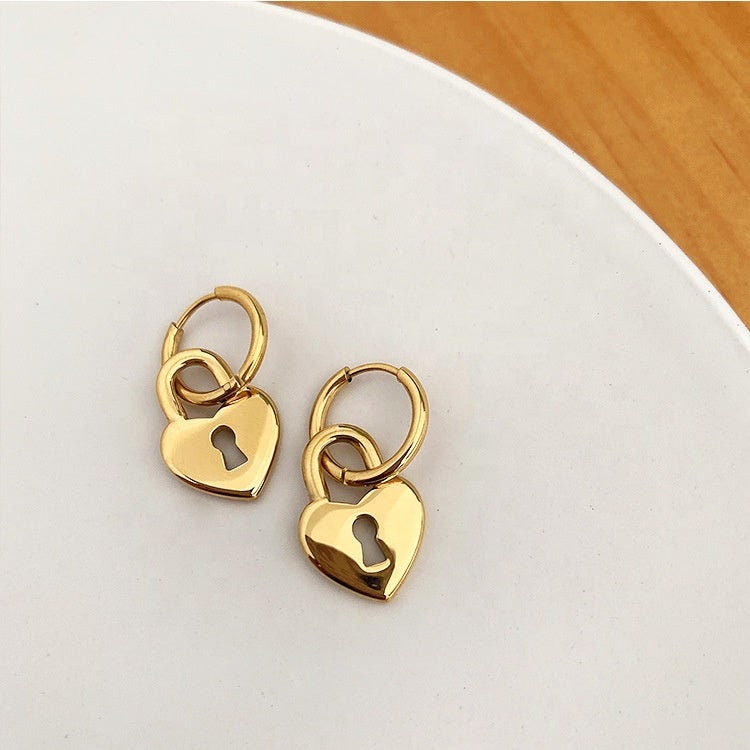 PIRKKO Heart Lock Padlock Hoop Earrings, Korean Designer, Gold Dangle Jewelry, Vintage Huggie Decor, Kawaii Gift for Her, Unique Detail Drop